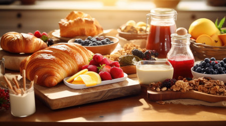 Tasty breakfast scene with a variety of delicious treats, leaving the room for your message.の素材