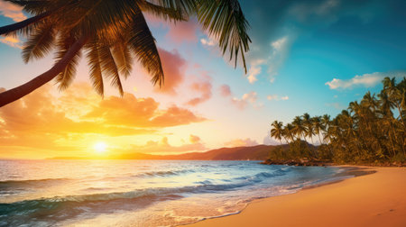 Vivid travel scene featuring tropical beauty, radiant sunsets.の素材