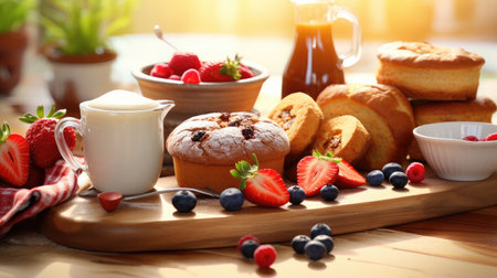 Tasty breakfast scene with a variety of delicious treats, leaving the room for your message.の素材