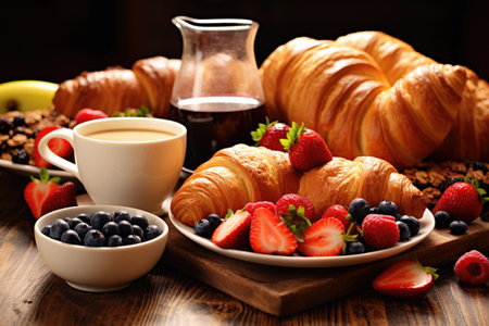 Tasty breakfast scene with a variety of delicious treats, leaving the room for your message.の素材