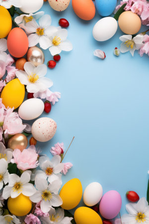 Colorful Easter background adorned with vibrant eggs, blossoms, and spacious copy area.の素材
