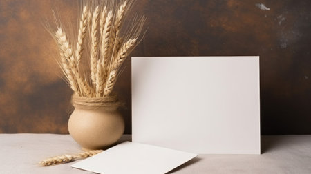 greeting card and dry wheat on gray background and a blank card.の素材