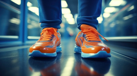 female feet with orange shoes.の素材