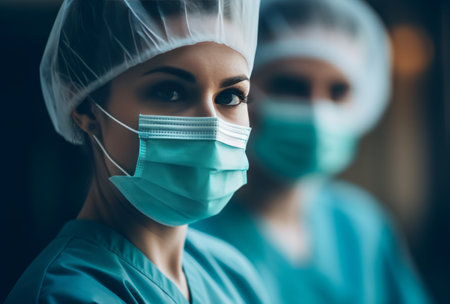 female medical workers with surgical masks in front of a hallway.の素材
