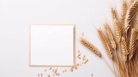 greeting card and dry wheat on gray background and a blank card.の素材