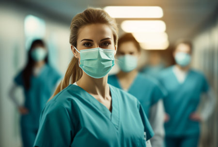 female medical workers with surgical masks in front of a hallway.の素材
