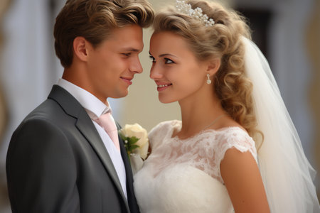 Romantic wedding couple, tender gaze, with space for cherished vows and declarations.の素材