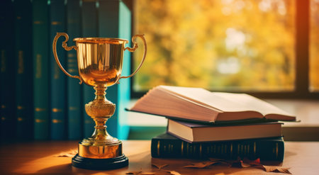 image of cup sitting atop books on a table.の素材