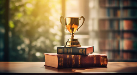 image of cup sitting atop books on a table.の素材