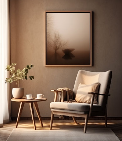 living room with sofa, chair, coffee table and lamp.の素材