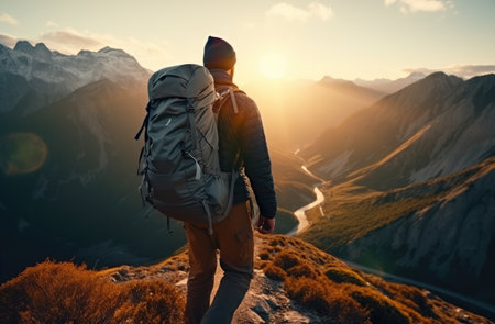 man hiking with backpack against beautiful mountain scene with mountain range.の素材