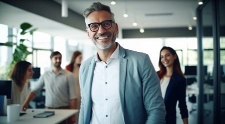 man smiling in office, with others around business.の素材