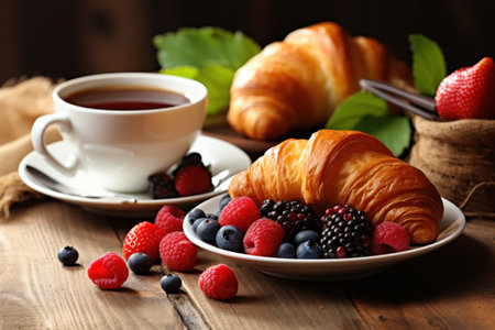 A delectable breakfast tableau featuring croissants, berries, and steaming coffee.の素材