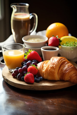 A delectable breakfast tableau featuring croissants, berries, and steaming coffee.の素材