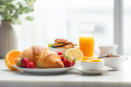 A delectable breakfast tableau featuring croissants, berries, and steaming coffee.の素材