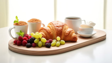 A delectable breakfast tableau featuring croissants, berries, and steaming coffee.の素材