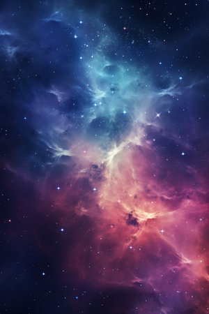 Vibrant space background with swirling nebulae, stars, and a cosmic expanse for text.の素材
