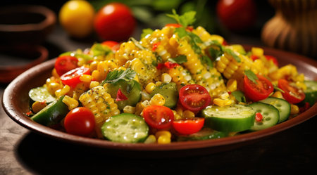 salad of tomatoes, cucumber and corn with dressing.の素材