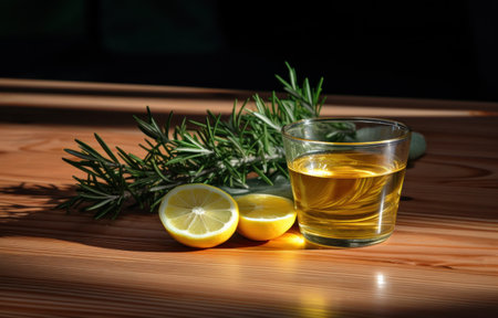 rosemary tea and lemon on the wooden table.の素材