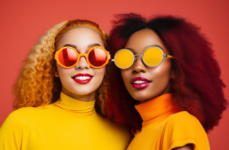 pair of young girls holding sunglasses.の素材