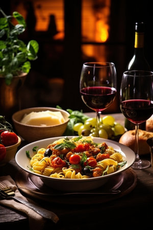 Tasty Italian dinner, rich in flavors, inviting wine, and ideal copy space.の素材