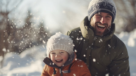 Dad and son enjoy a snowy day, playful snowball fights.の素材