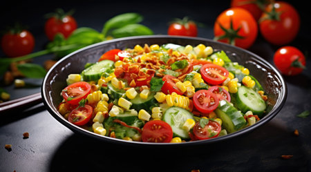 salad of tomatoes, cucumber and corn with dressing.の素材