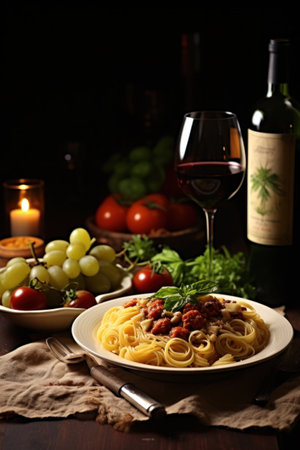 Tasty Italian dinner, rich in flavors, inviting wine, and ideal copy space.の素材