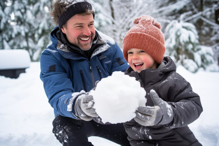 Dad and son enjoy a snowy day, playful snowball fights.の素材