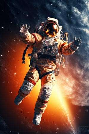 Astronaut in vivid cosmic background, floating among stars.の素材