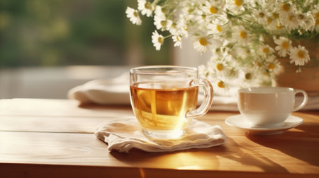 tea with chamomile on a wooden table.の素材