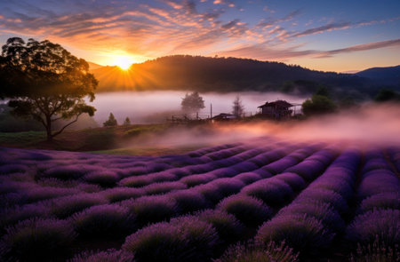 sunrise over the valley filled with lavender.の素材
