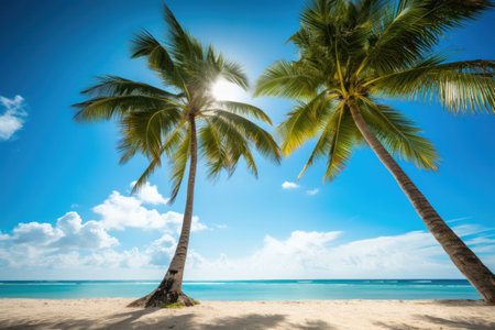 Vivid travel vacation scene, tropical hues, and ample copy space for your message.の素材