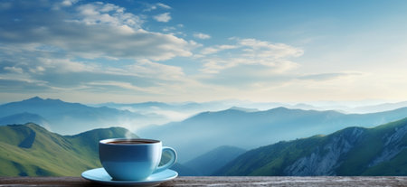 the top of a mountain in the distance is represented by a cup of tea.の素材