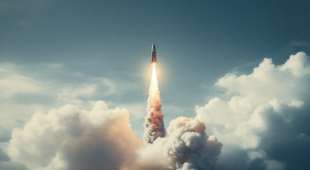there is a rocket that launches in front of a cloud.の素材