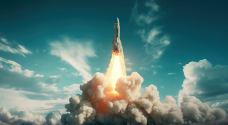 there is a rocket that launches in front of a cloud.の素材