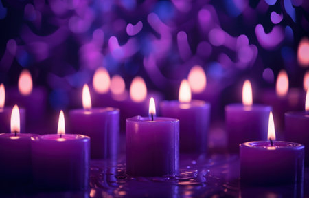 purple candles illuminating the dark night.の素材