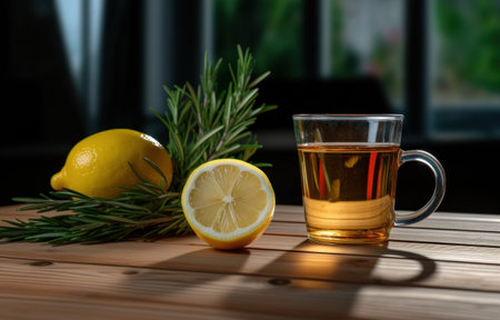 rosemary tea and lemon on the wooden table.の素材