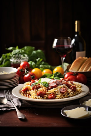 A tempting dinner arrangement with pasta, antipasti, and inviting copy space for text.の素材