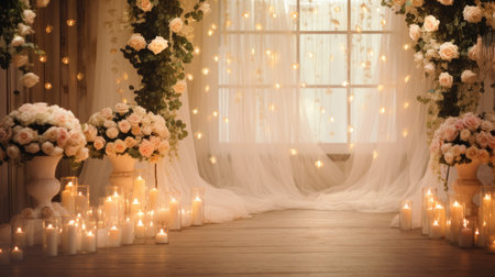 A romantic wedding scene with soft lighting, roses, and room for heartfelt messages.の素材
