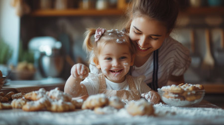 A mother and child baking together, a scene filled with flour-dusted smiles and warm cookiesの素材