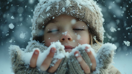 A child's first encounter with snow, touching the cold with wonder and amazement.の素材