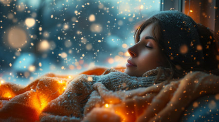 A radiant young woman, cocooned in a cozy blanket, gazes peacefully out the window at swirling snowflakesの素材