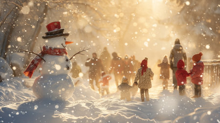 glistening snow, cheerful laughter, a happy family gathered together, shaping a snowman with love and laughter.の素材