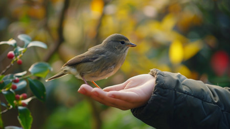 A small hand feeding a bird, teaching kindness and connection with all living beingsの素材