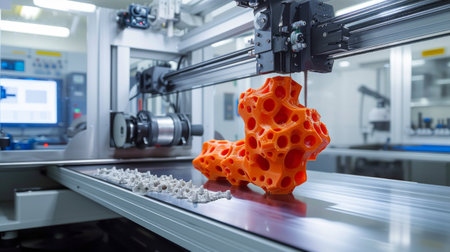 A 3D printer in action, producing an intricate orange structure, showing advanced manufacturingの素材