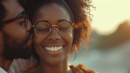 Close-up of a joyful African couple smiling and embracing, capturing a moment of pure happiness and affection.の素材