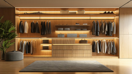 Modern wooden wardrobe with neat clothing arrangement and warm lighting.の素材