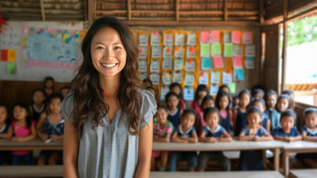 Smiling teacher with diverse classroom of focused students in the background.の素材