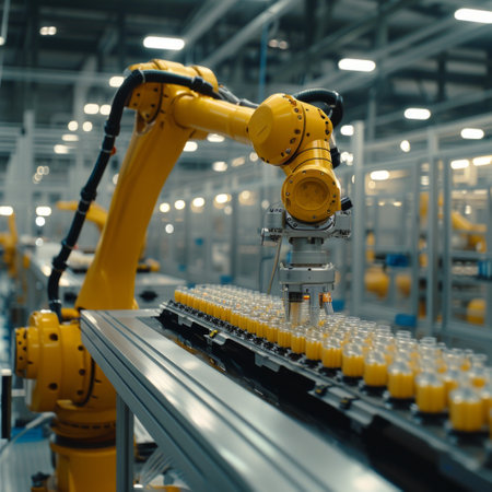 Precision robotic arm in factory line assembling detailed metal parts.の素材